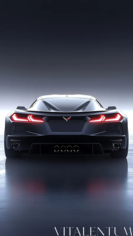 Low-angle rear view sports car with glowing red taillights.