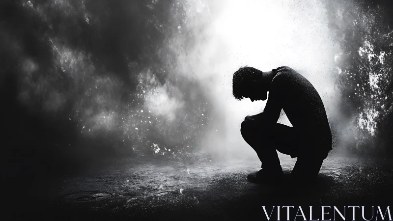 Shadowbound figure bowed in stormlit grayscale silence.