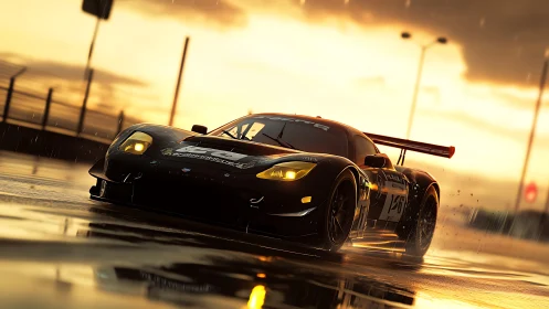 Midnight racer skims rainlit asphalt under molten sunset.