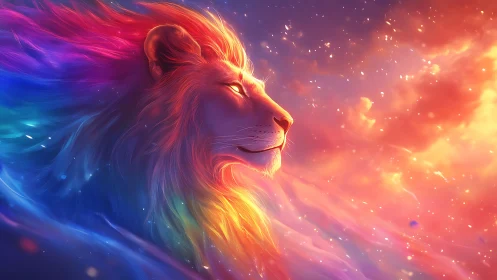 Side profile lion illustration uses multicolor spectral mane