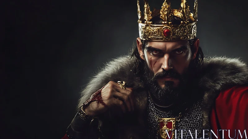 Brooding war-scarred king in jeweled crown and furs.