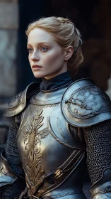 Young armored woman in ornate silver medieval plate armor.