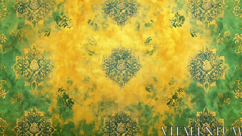 Golden green ornamental pattern with softly aged charm.