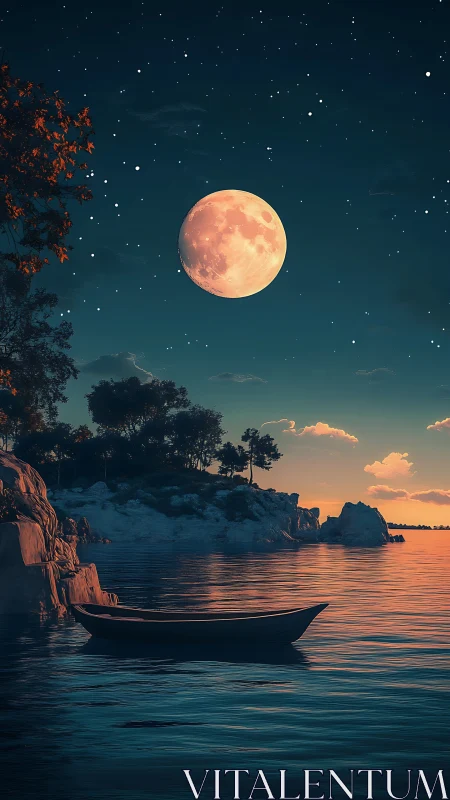 Moonlit coastal inlet with moored rowboat and rocky shore.