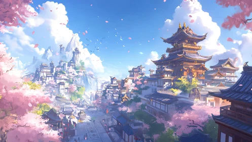 Blossom-dusted sky temples crown a radiant mountain city.