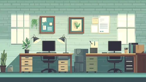 Shared workstation desks in minimalist office interior layout.