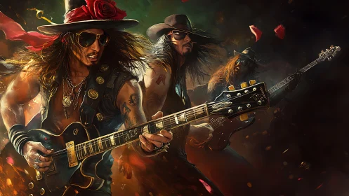 Rock guitarist trio performs with dramatic lighting and motion