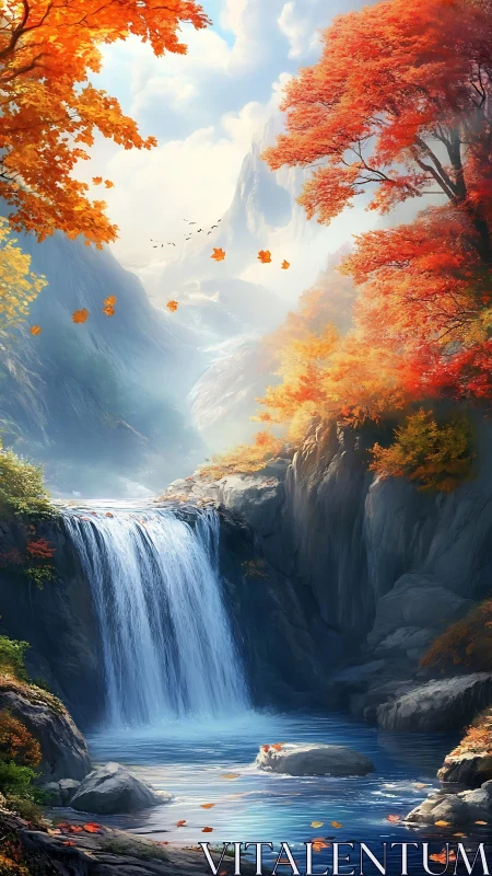 Vibrant autumn waterfall in a bright mountain valley.