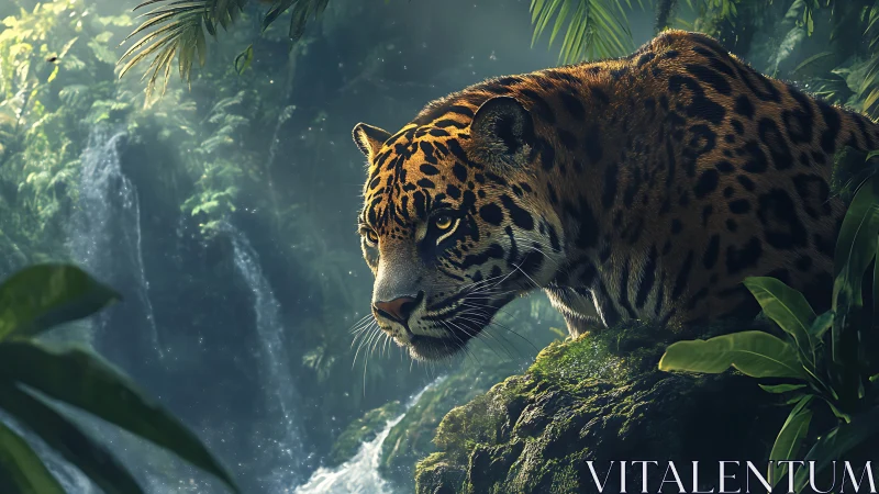 Tiger prowling moss-covered rocks within misty jungle sanctuary