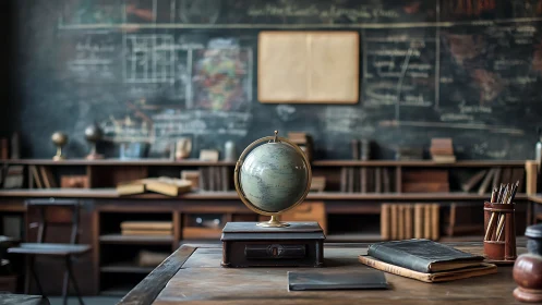 Vintage classroom desk with globe, notebooks and chalkboard schematics
