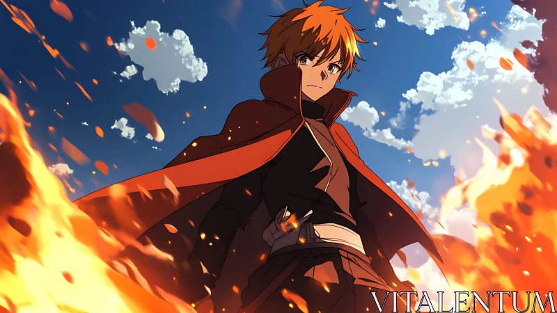 Fiery anime hero framed by dynamic low-angle flames.