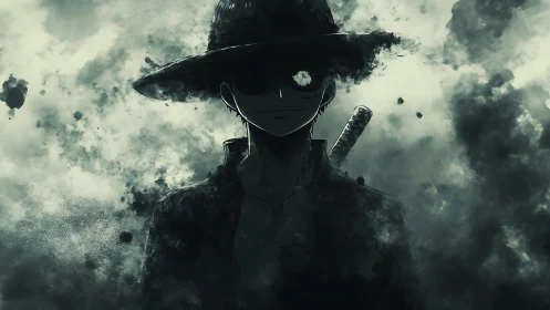 Monochrome swordsman silhouette dissolving into atmospheric ink clouds