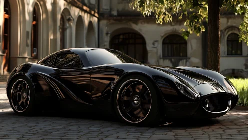 Midnight coupe glides like liquid obsidian through quiet courtyard