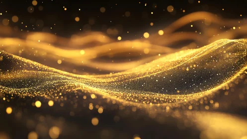 Abstract golden wave of shimmering particles in digital art style.