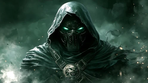 Hooded cyber wraith with glowing eyes in storm haze.