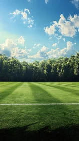 Sunlit football field stretches beneath bright summer sky.