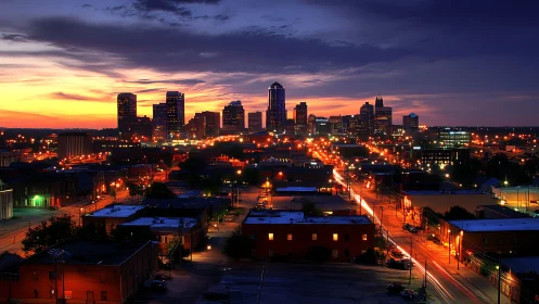 Vibrant city skyline glows beneath a dramatic sunset sky