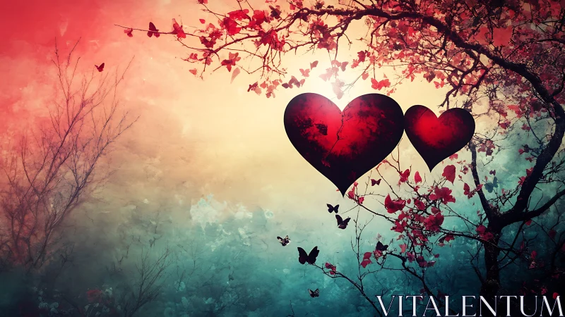 Dual Hearts Among Flowering Branches: Romantic Digital Composition.