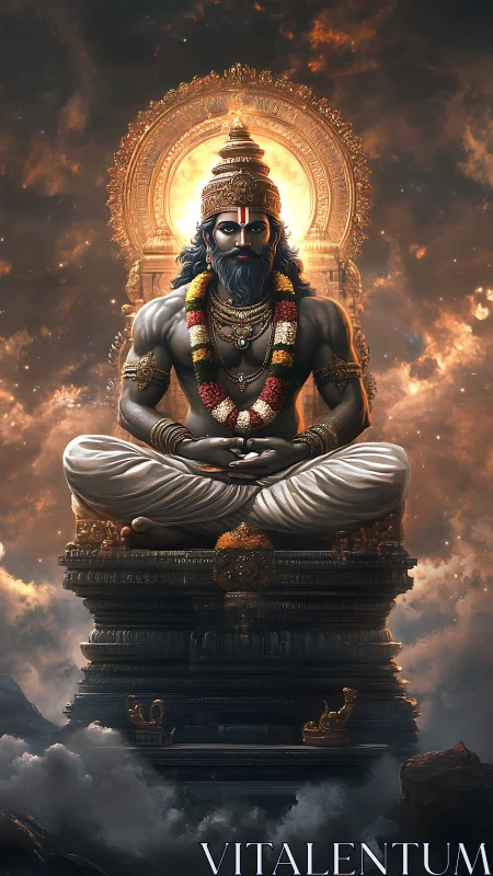 Seated mythic figure on ornate pedestal amid clouds.