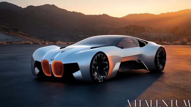Sunset-born concept supercar glides across silent desert asphalt.