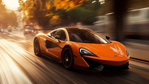 Sunlit orange supercar racing through a glowing city street.