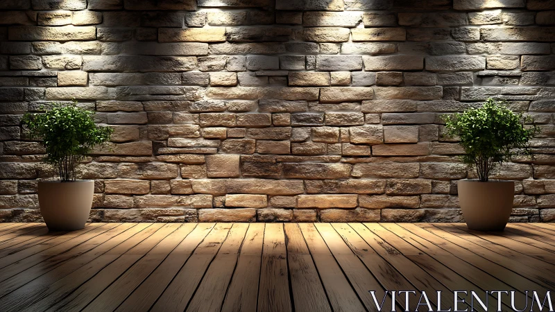 Stone wall interior with wooden floor and two potted plants.