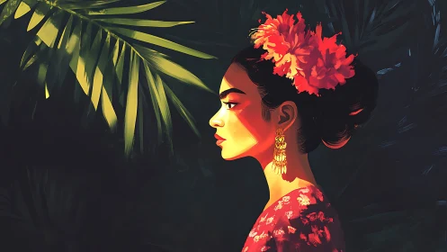 Woman in profile stands in dappled jungle light with flowers