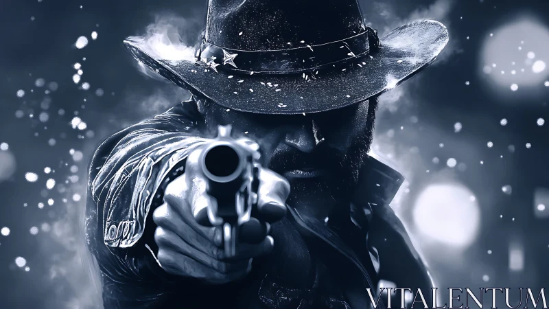 Gritty night gunslinger reaches out from the glowing haze