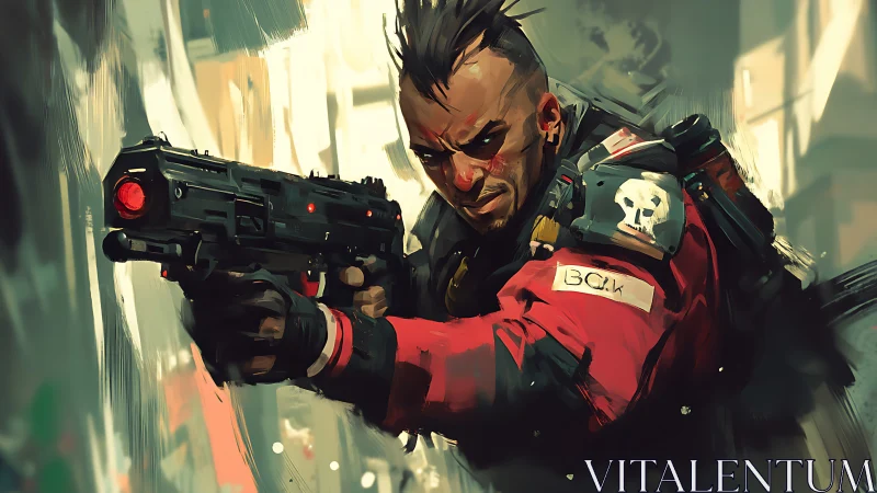 Cyberpunk mercenary with rifle in painted urban firefight.