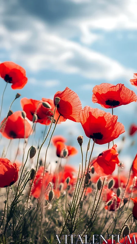 Scarlet poppy field rising against bright spring sky.