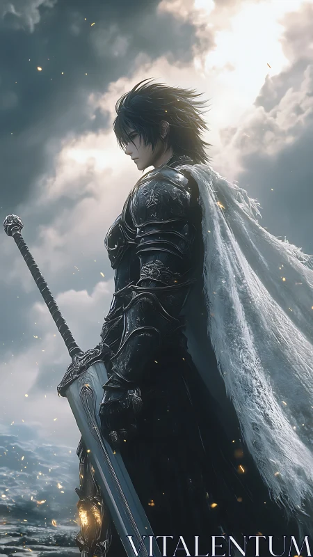 Storm-lit knight weighs destiny beneath a smoldering sky