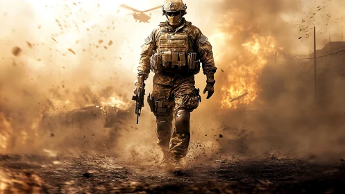 Armed soldier walking through blast area in combat zone.