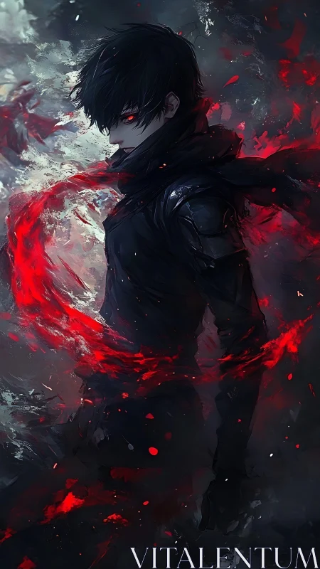 Dark anime warrior with red energy swirling around body.