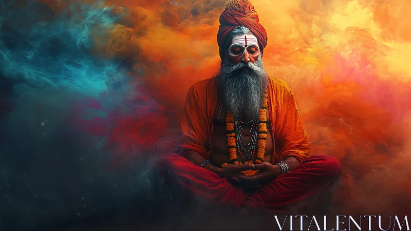 Meditating sadhu in chromatic smoke rendered as digital painting