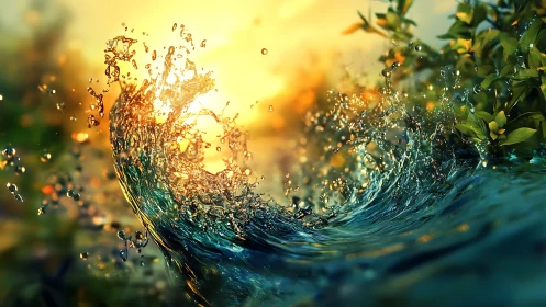 Digital render shows detailed water splash against sunset light
