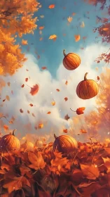 Autumnal pumpkin field in dynamic vertical leaf vortex composition.