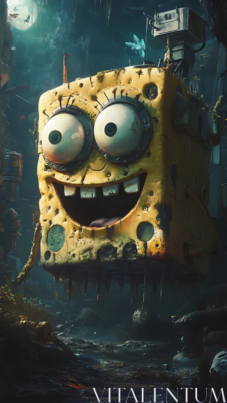 Grinning sponge-like mech hovers through eerie flooded ruins