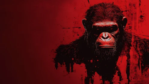 Crimson-splashed ape commander glares through painted chaos