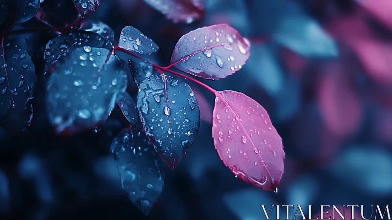 Moody closeup of wet blue and pink leaves at night.