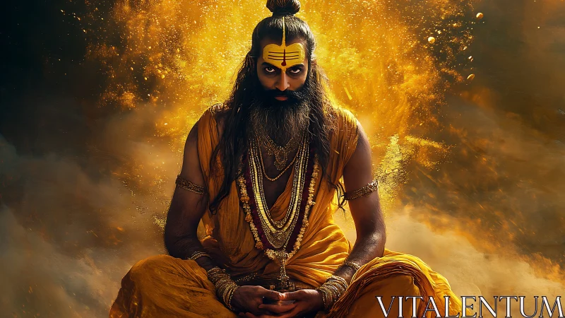 Mystic sage in saffron robes amid radiant golden aura.