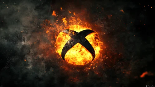 Black circular emblem engulfed in intense orange and yellow flames