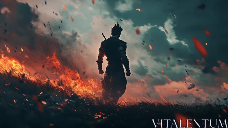 Warrior strides through burning field under stormy sky