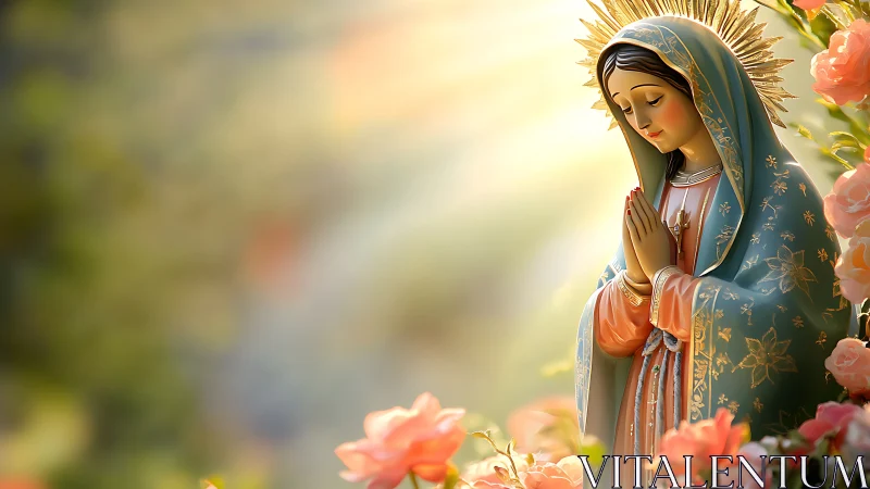 Devotional statue in garden light with floral foreground bokeh