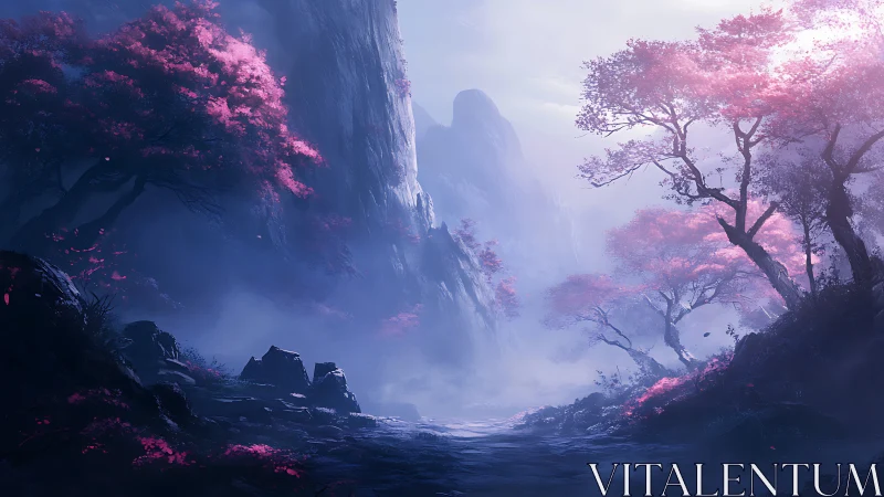 Luminous pink trees line misty mountain valley path