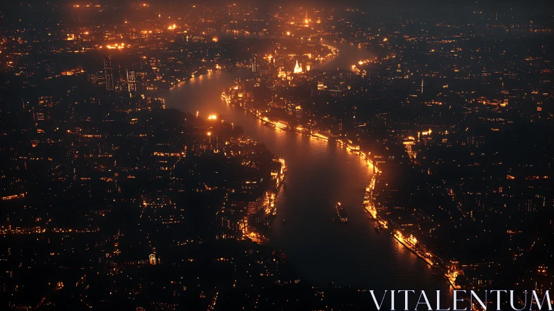 Riverside metropolis glows in dense nocturnal haze.