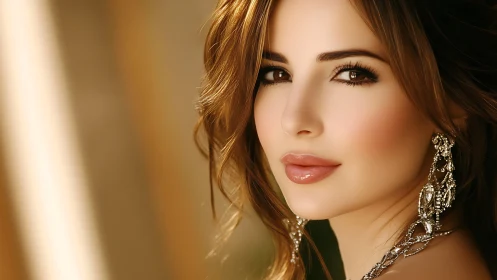 Portrait of glamorous woman with golden light and jewels.