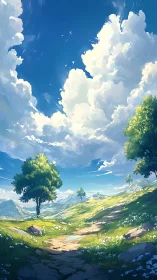 Sunlit alpine meadow rendered in high-key digital painting