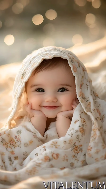 Smiling Baby Portrait in Floral Blanket with Warm Bokeh.