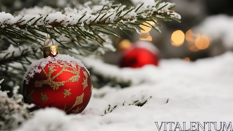 Red Christmas bauble rests in snow beneath evergreen branch