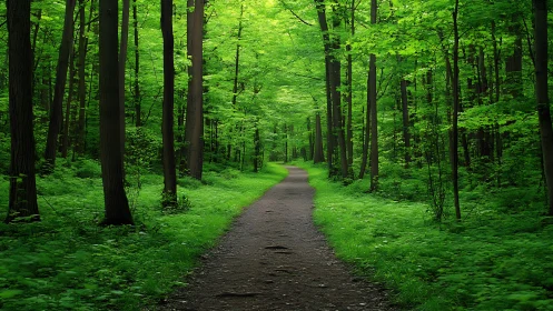 Serene forest pathway surrounded by lush green trees, natural light.